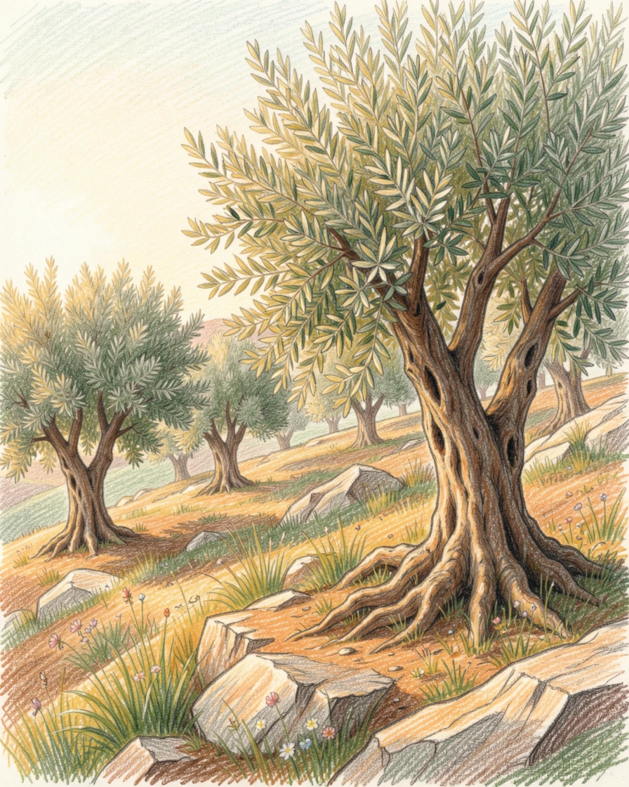 A hillside olive grove bathed in warm Mediterranean light, bathed in the warm glow of golden-hour light, evoking nostalgia and a deep sense of contentment.