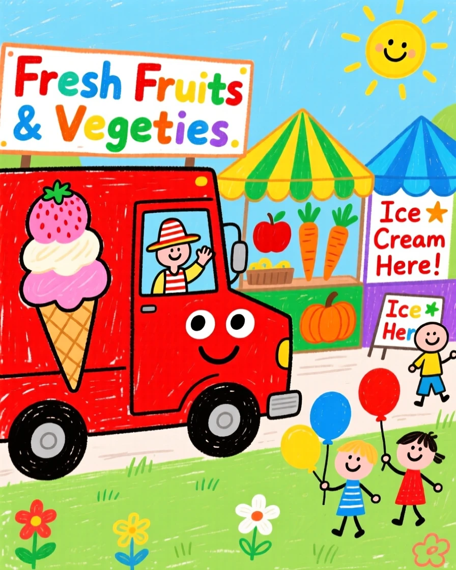 A cheerful ice cream truck parked beside a colorful farmers market.