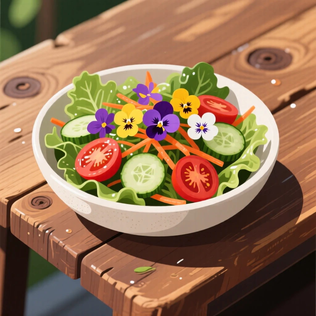 A fresh garden salad topped with edible flowers, set on a rustic wooden table, shown from a slight angle to highlight layers, with glossy highlights that make the dish look freshly made.