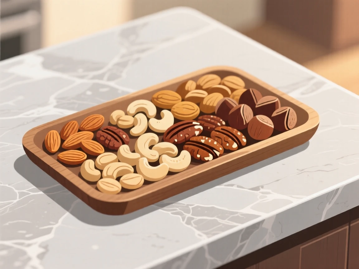 A tray of roasted nuts beautifully displayed on a stone counter at a family gathering.
