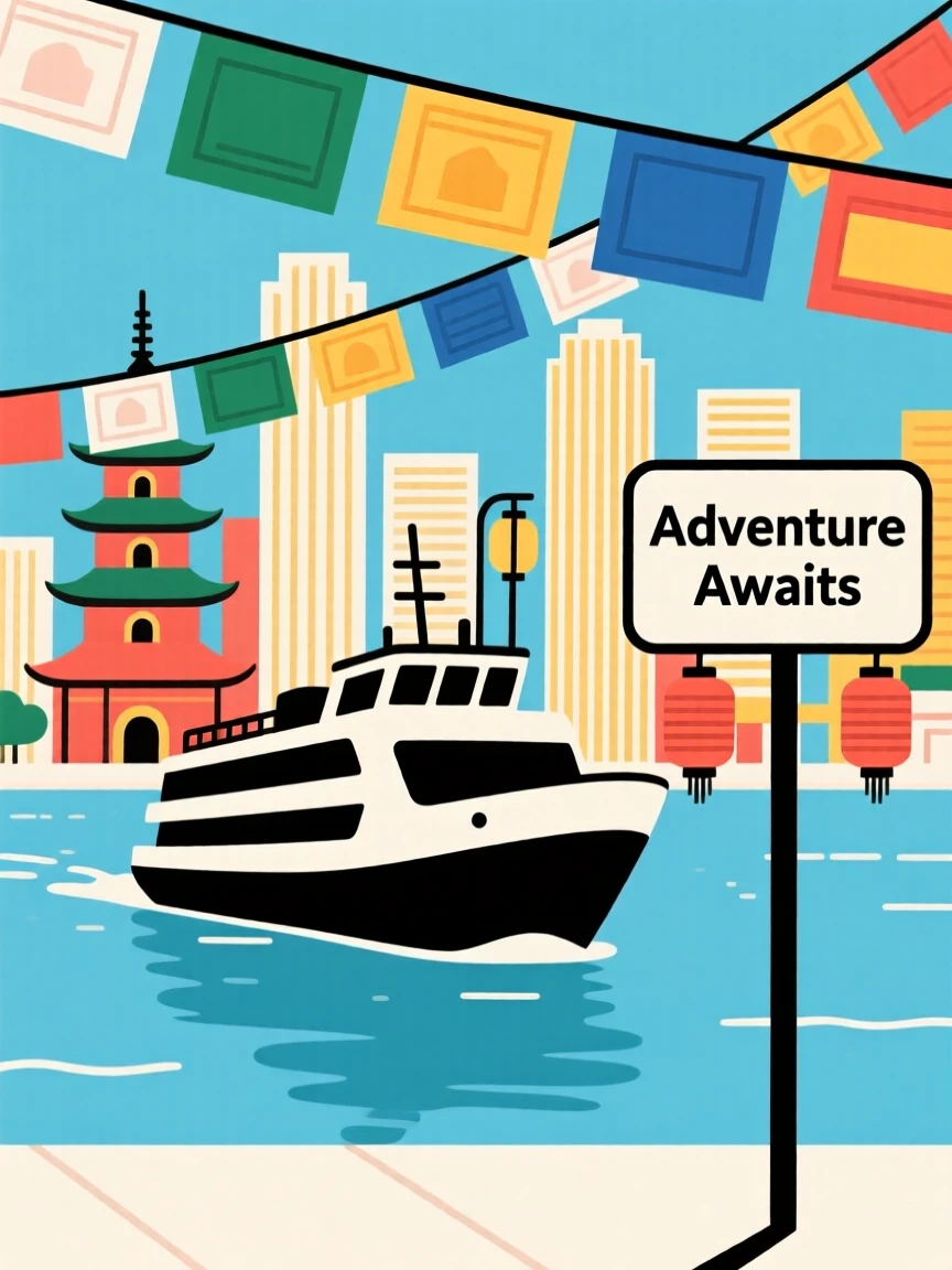 A view of a ferry crossing open water at a vibrant Asian city street, framed by fluttering prayer flags, capturing adventurous excitement.