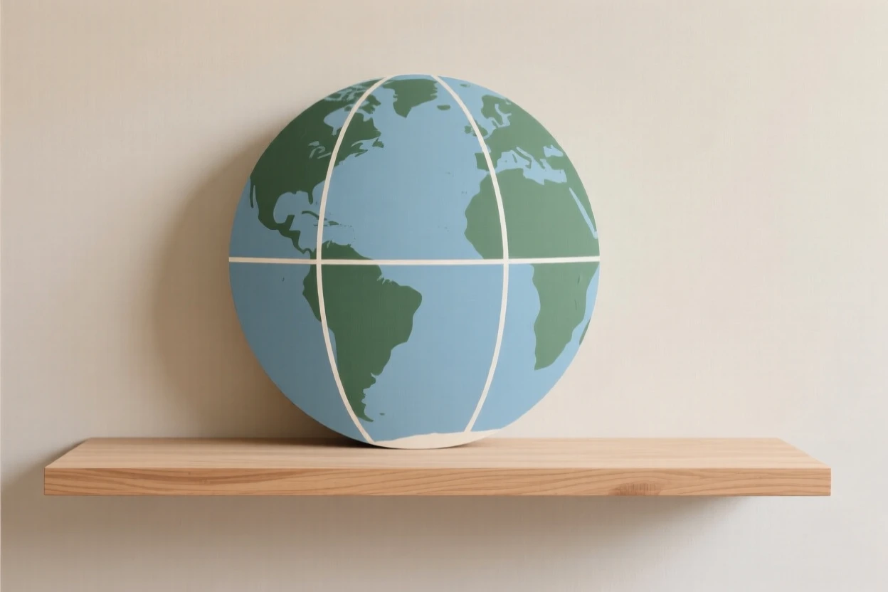 A globe sitting on a wooden shelf