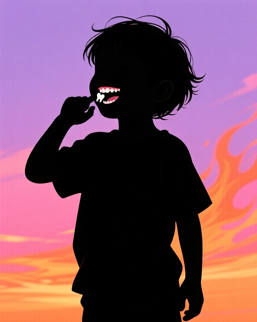 A child showing off a loose tooth with a proud, gap-toothed grin.