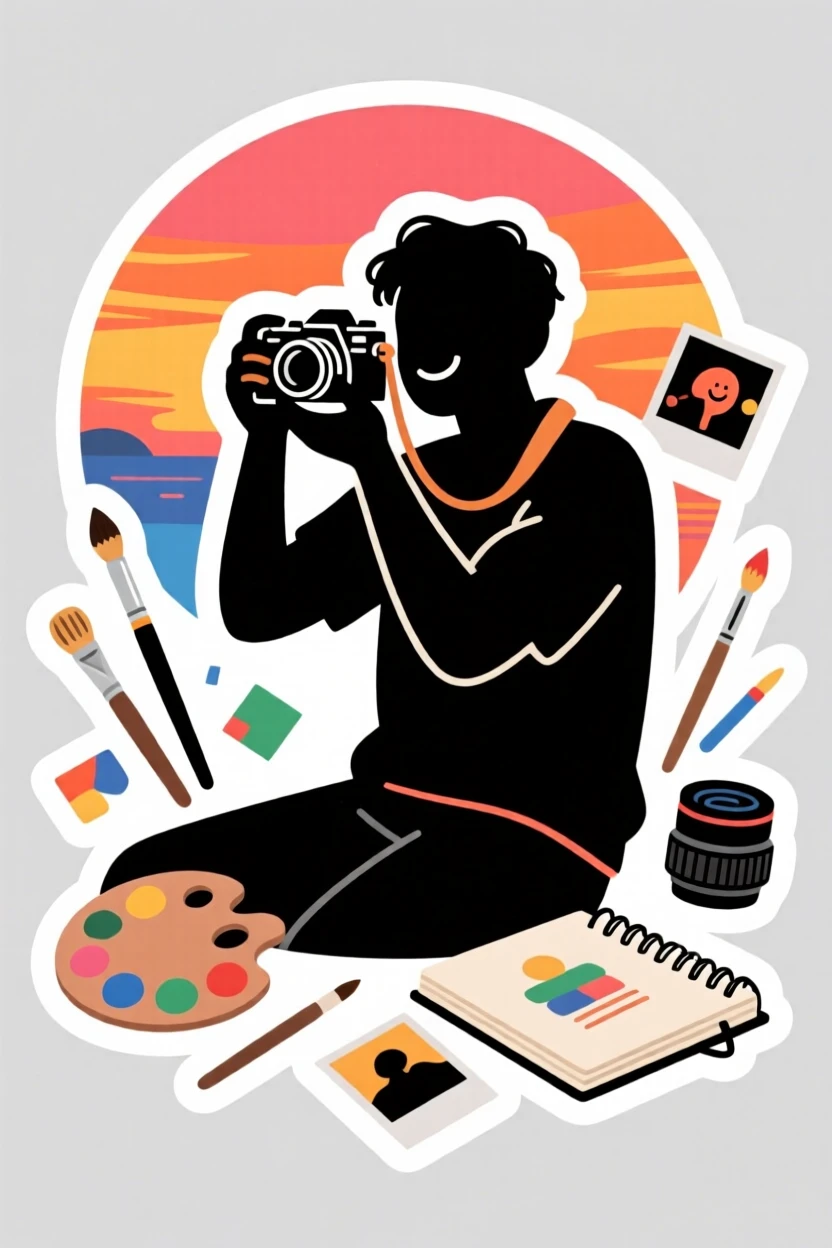 A calm and content photographer snapping a photo of a sunset, with colorful materials spread all around, in a small community class setting.