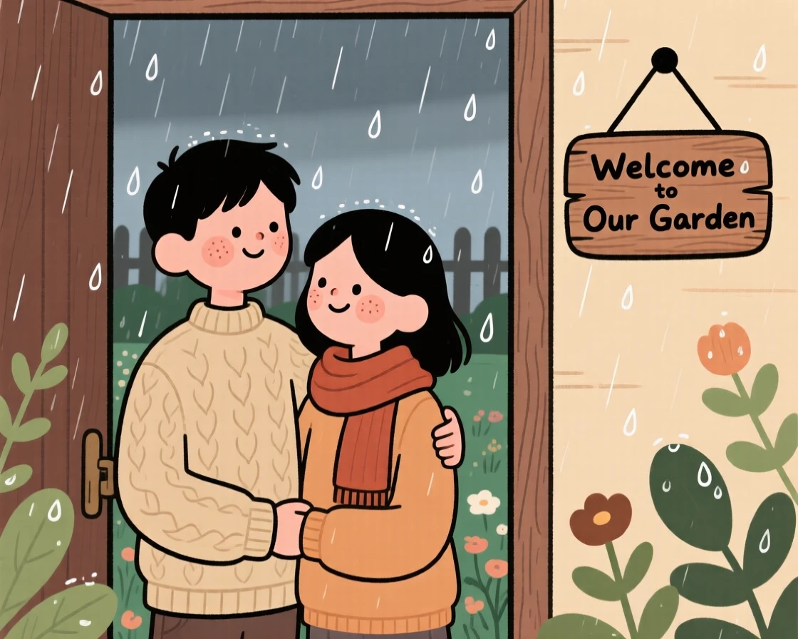 Soft rain falls over a sleeping garden as a young couple watches from a cozy doorway, wrapped warmly against the cool evening air.