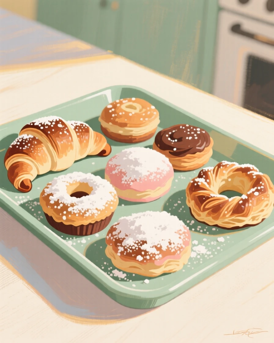 A tray of freshly baked pastries dusted with powdered sugar