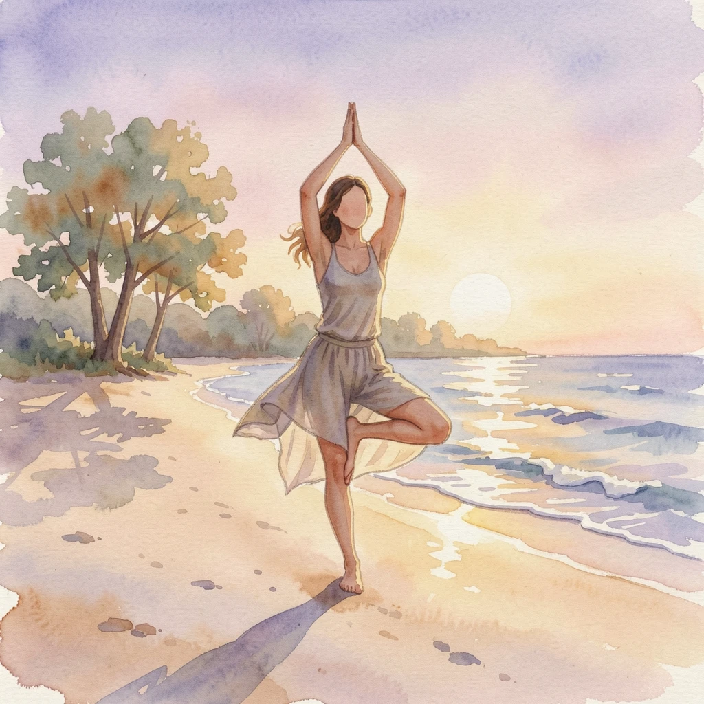 A woman practicing yoga on a quiet beach at sunrise as the golden afternoon light filters through nearby trees.