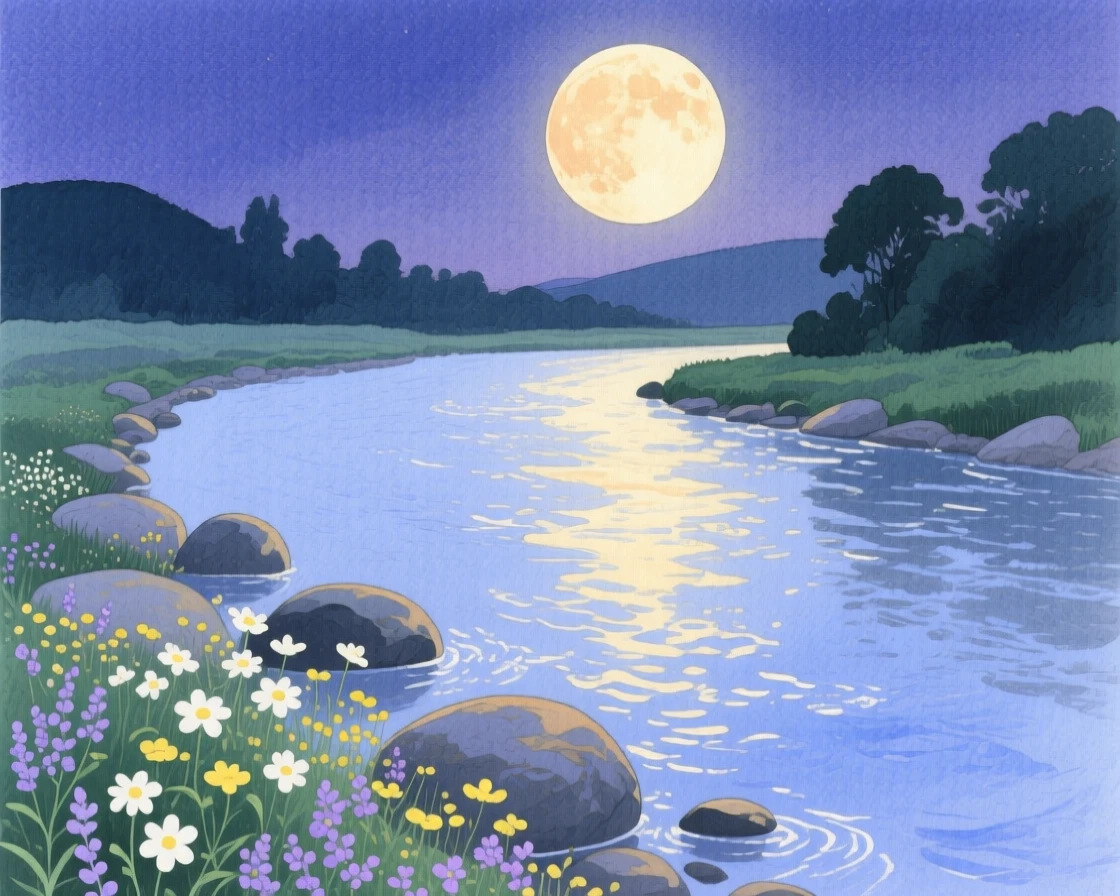 A breathtaking view of a quiet river bend under a full harvest moon, where wildflowers grow between the rocks