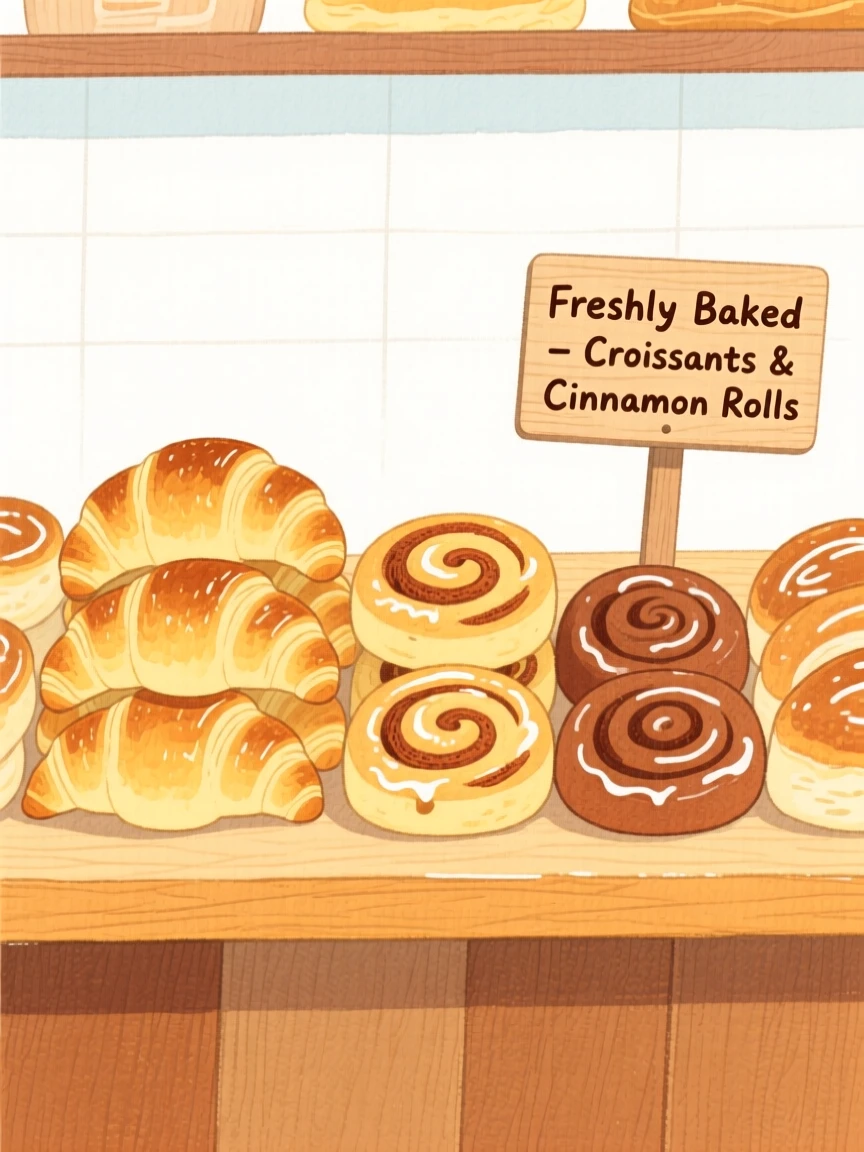 A peaceful view of a bakery counter piled with fresh croissants and cinnamon rolls.
