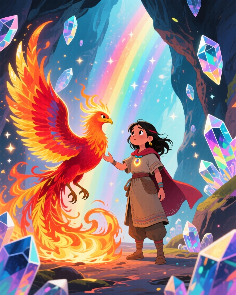 A brave village girl turned hero taming a phoenix that has just been born from flame, in a crystal cave shimmering with rainbow light, filled with wonder and magical excitement.