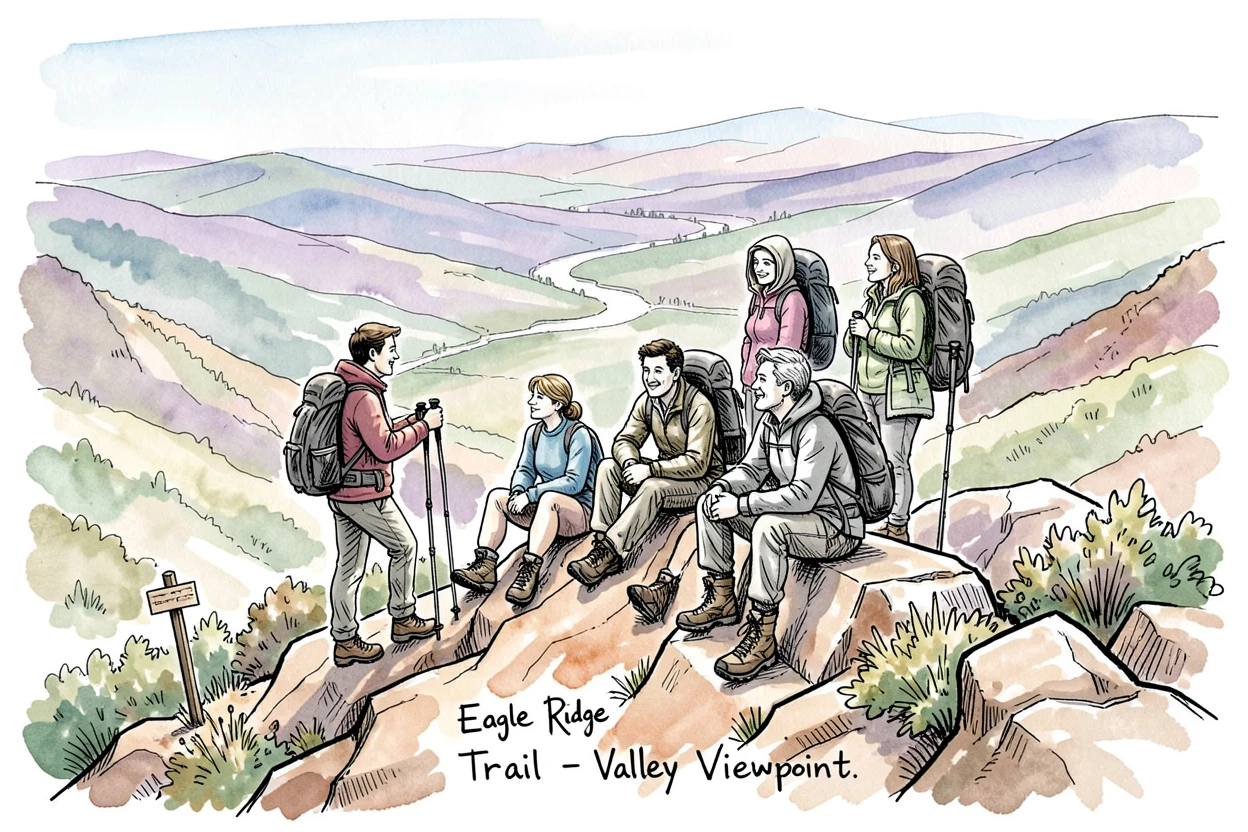 A group of hikers pausing to admire a valley view from a mountain ridge, an atmosphere of quiet joy and togetherness.