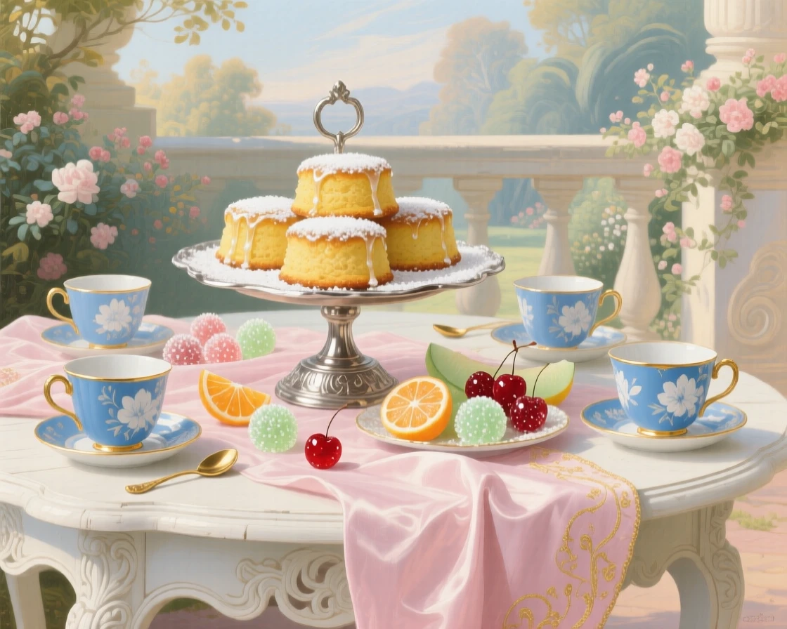 A table set with lemon cakes, sugared fruit, and blue porcelain cups  