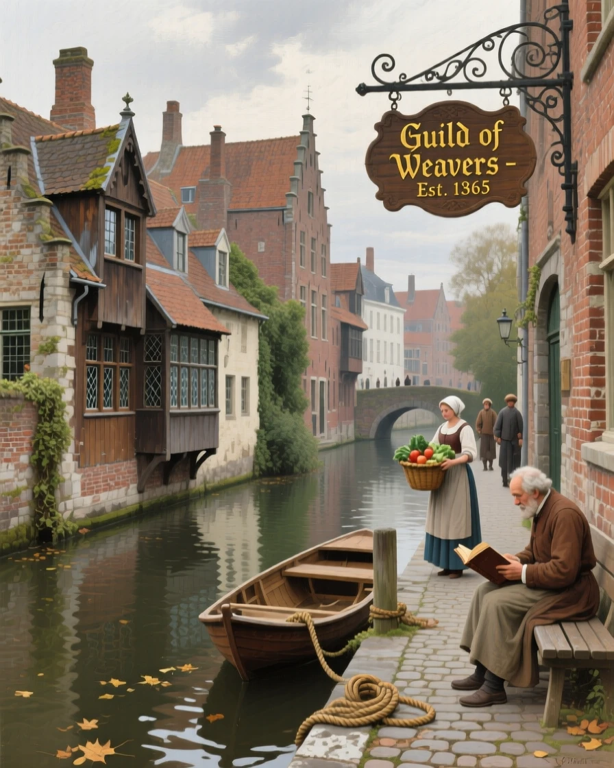The historic canals of Bruges lined with medieval guild houses, with centuries of history visible in every weathered detail, designed to transport the viewer directly into the scene