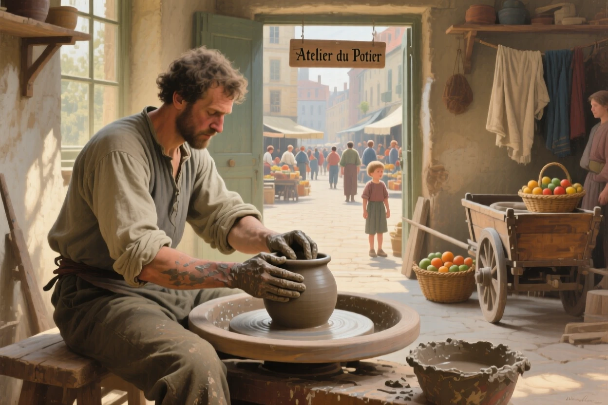 A potter shaping clay at the wheel in a sunlit workshop in a small, quiet moment made luminous and lasting, set within a bustling market square filled with color and life, with worn hands, simple clothing, and the honest textures of daily labor; background activity adds gentle life without distracting from the center, radiating simple contentment and honest labor.
