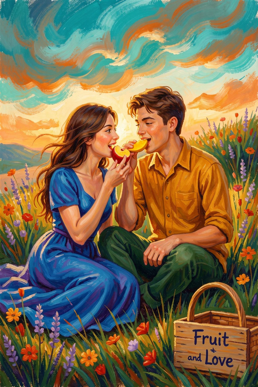 A young couple picnicking on a hillside, feeding each other slices of fruit.