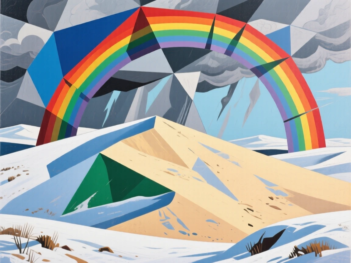 A candid medium shot of a sweeping sand dune under a rainbow after a passing storm, in deep winter.