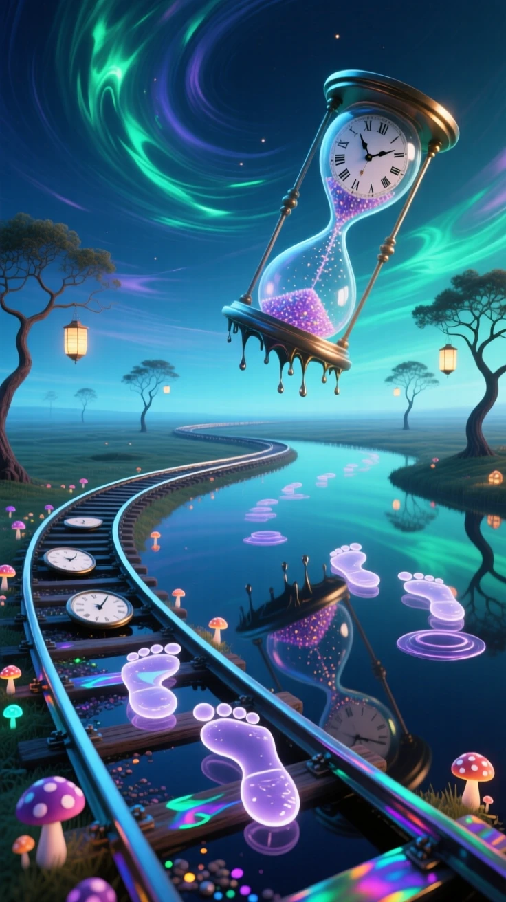 A train track that curves endlessly into an infinite loop exists in a space where up and down have no meaning, while echoes of footsteps arrive before they are taken.