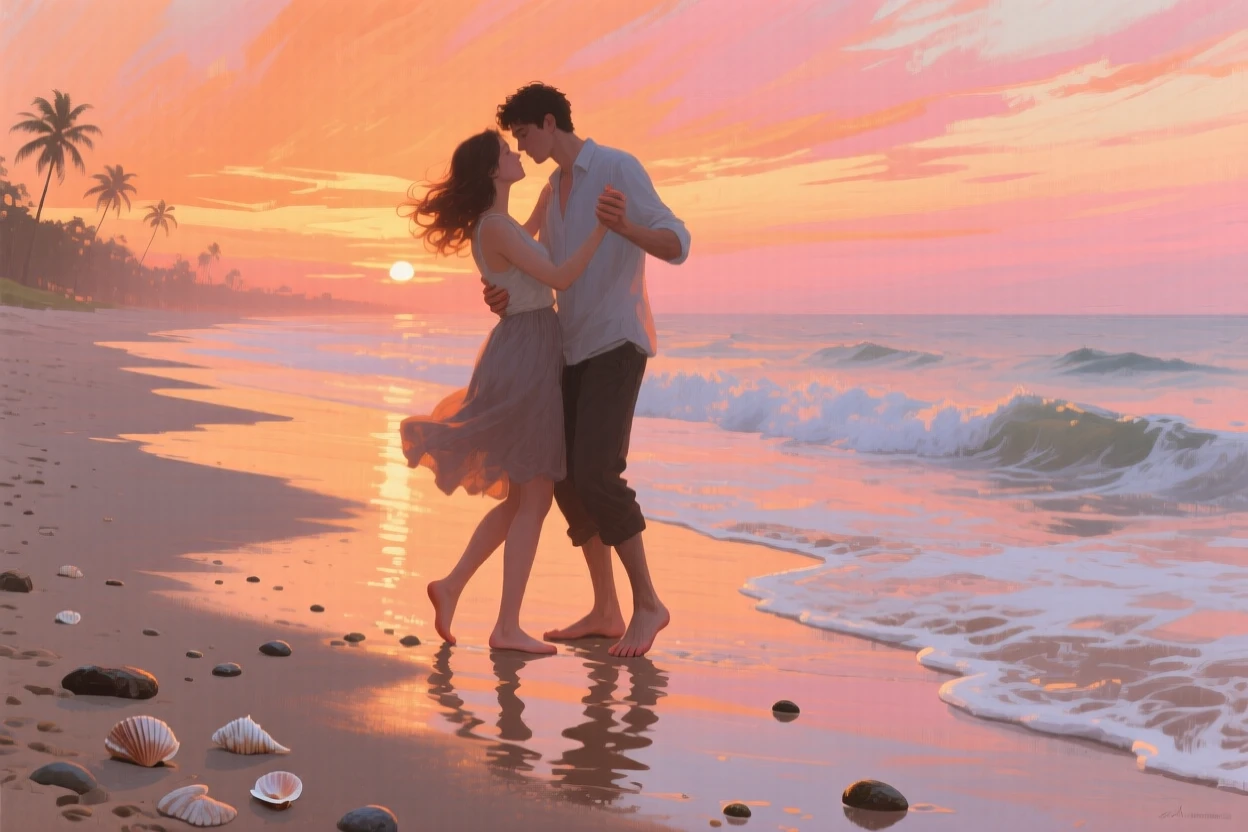 A couple dances barefoot on a sandy beach at sunset, waves lapping gently at their feet as the sky glows orange and pink, the moment feeling candid and intimate rather than posed or staged.