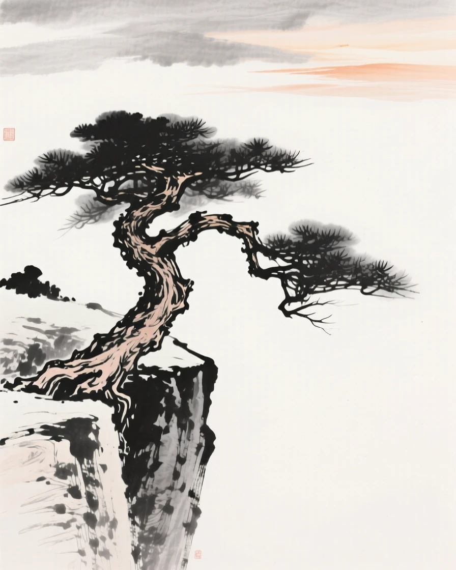 An ancient pine tree grows twisted from a cliffside crevice, beneath a sky brushed with the last light of day.