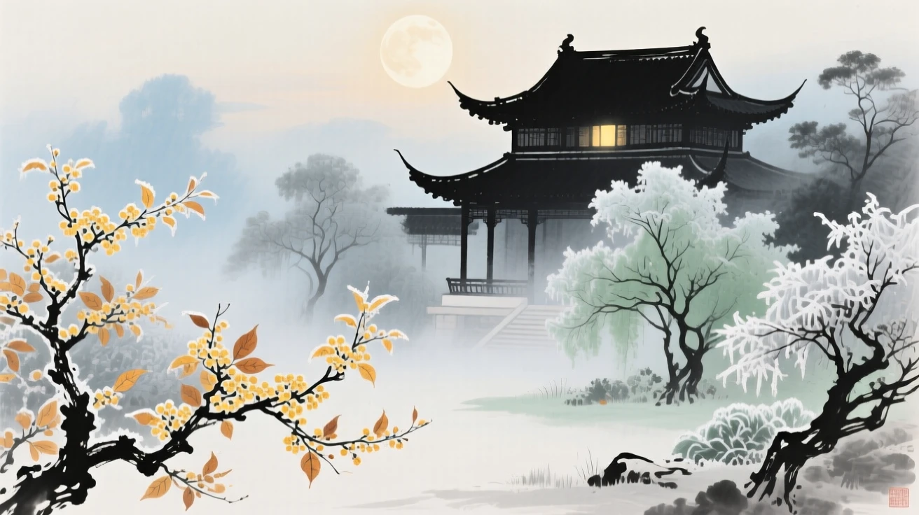 The moon palace glowing softly above a garden of frozen osmanthus trees, as autumn leaves turn golden, through a light drifting mist, at dawn.