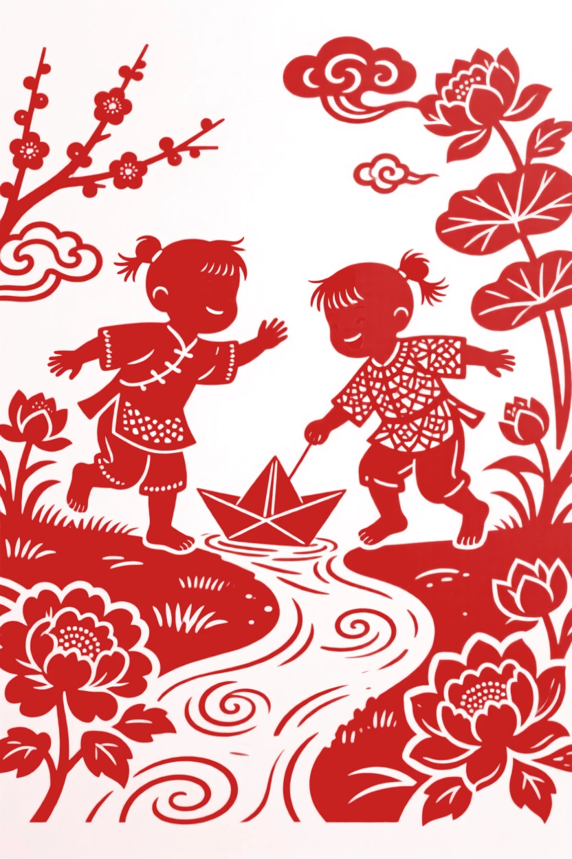 Two barefoot village children, launching a paper boat down a garden stream, a warm afternoon sun casting long gentle shadows.