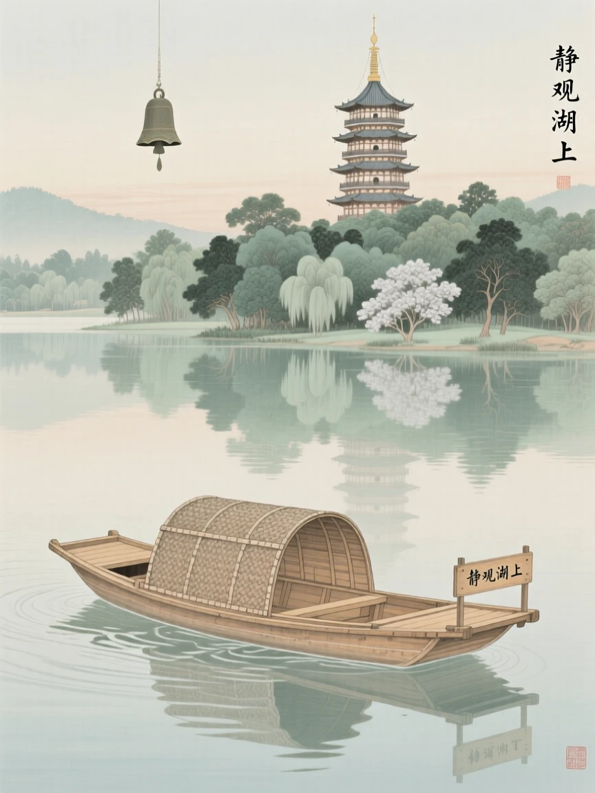 A small wooden boat drifting on a calm lake, with a distant temple bell tower rising above the treeline