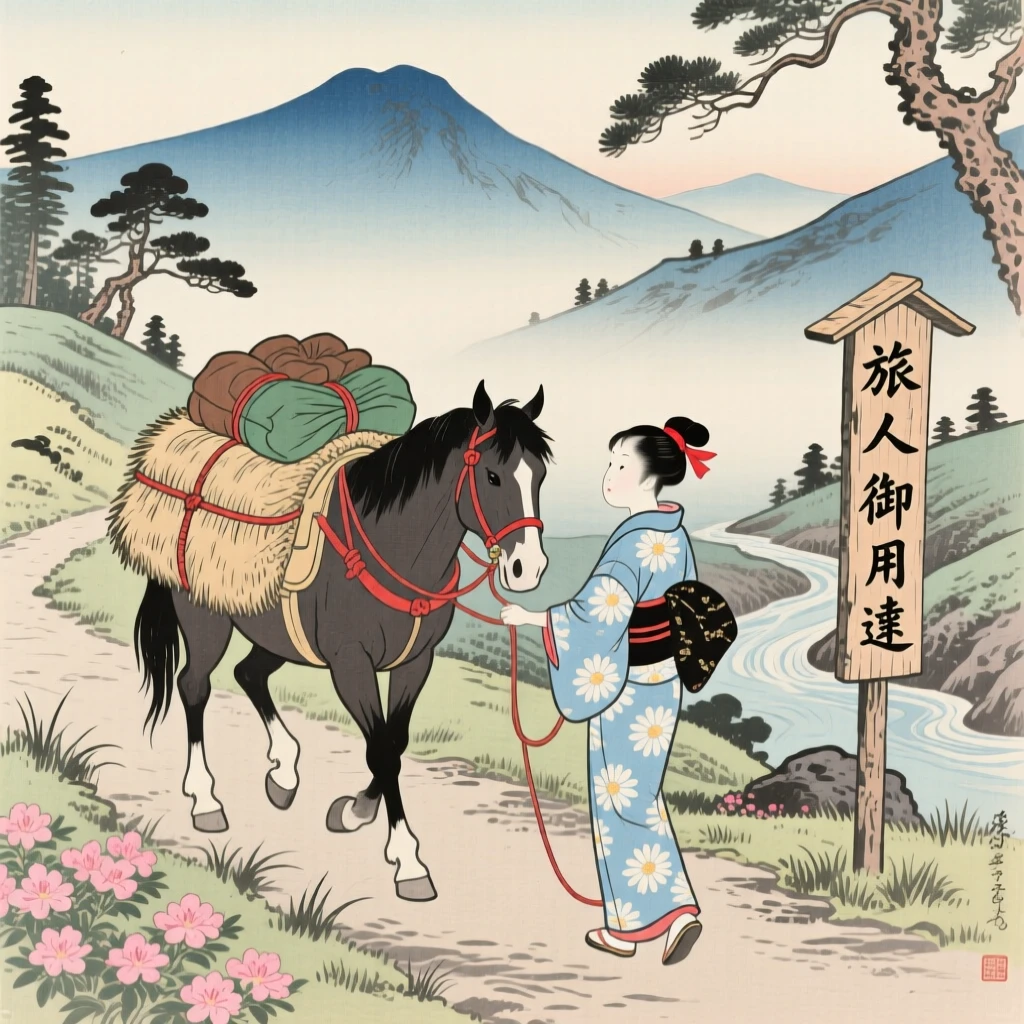 A young girl leading a loaded packhorse along a trail.