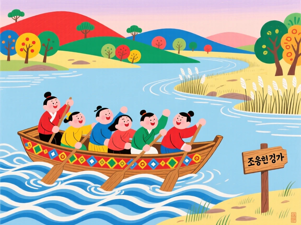 A group of friends rowing a small wooden boat across a lake, beside a quiet river.