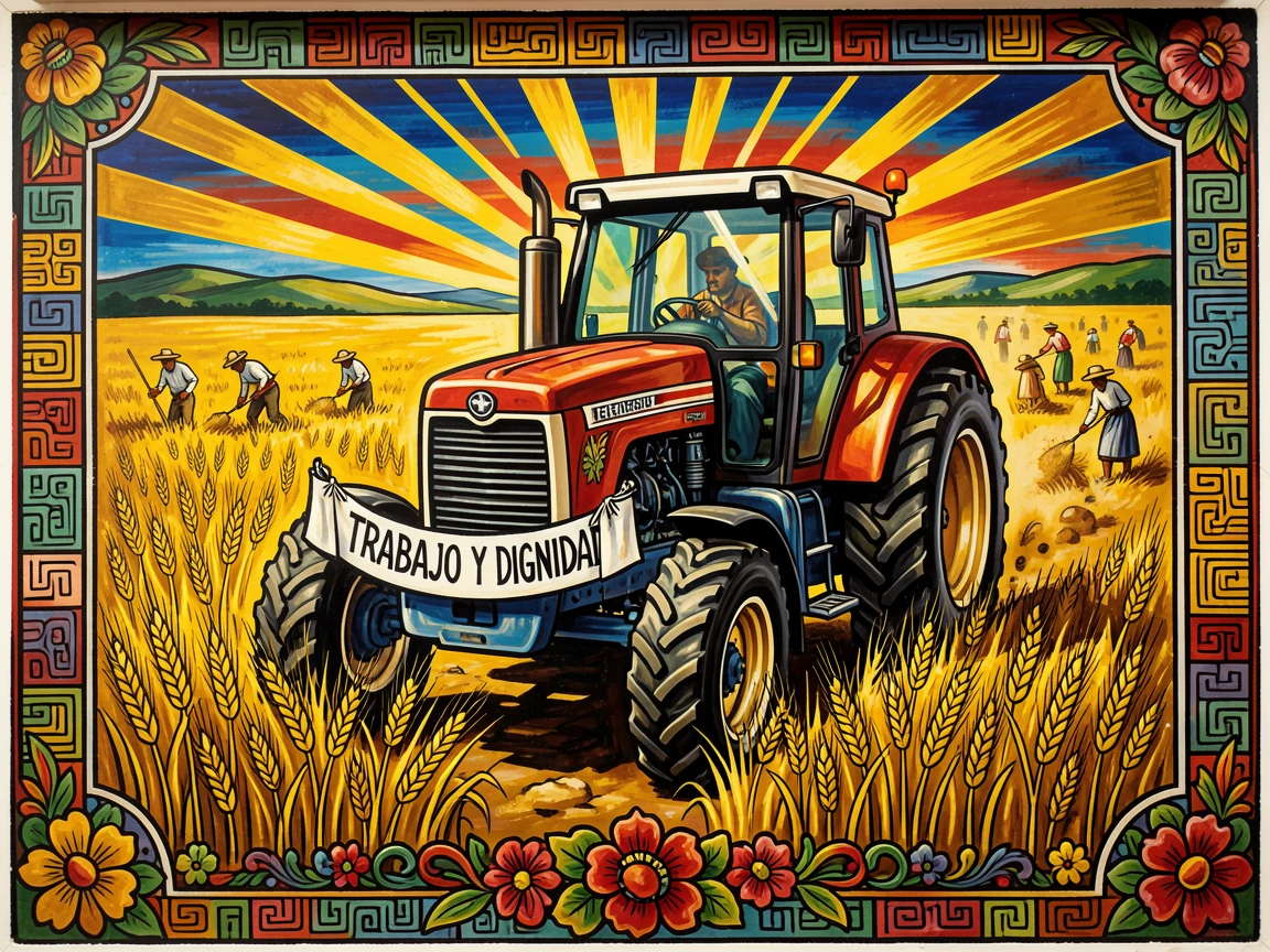A tractor working through a vast golden wheat field