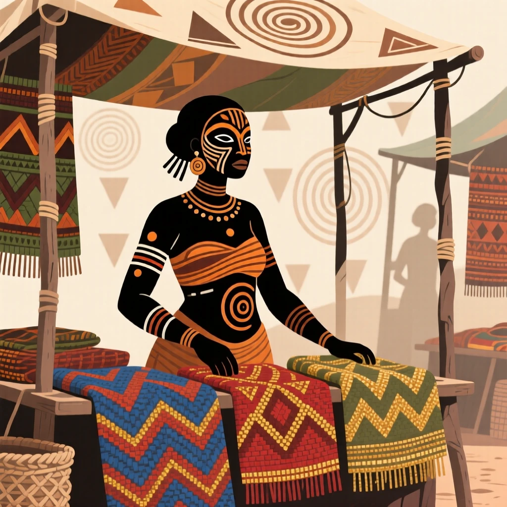 A woman selling handwoven textiles at a market stall.