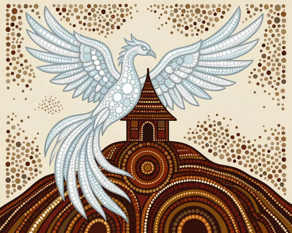 A ice phoenix guarding a sacred mountain temple