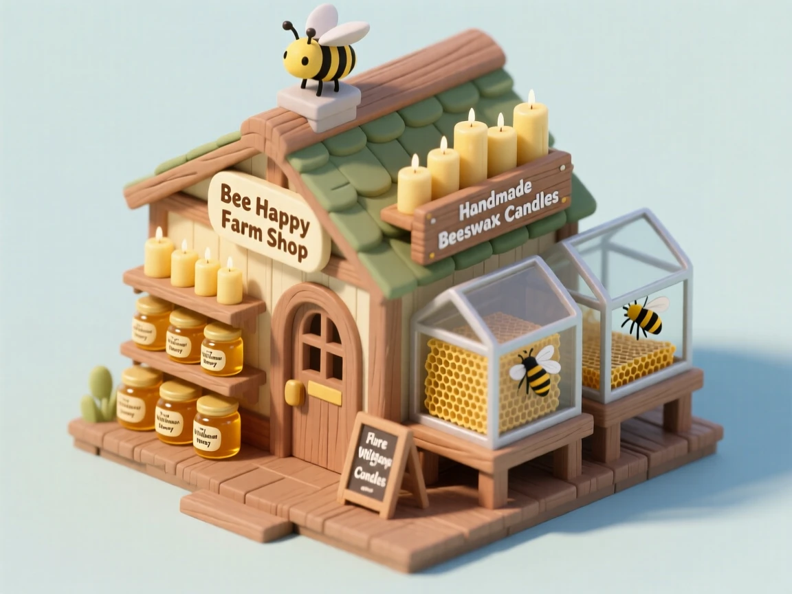 A quaint bee farm shop with observation hives buzzing gently, jars of honeycomb displayed, and beeswax candles lined on a shelf.