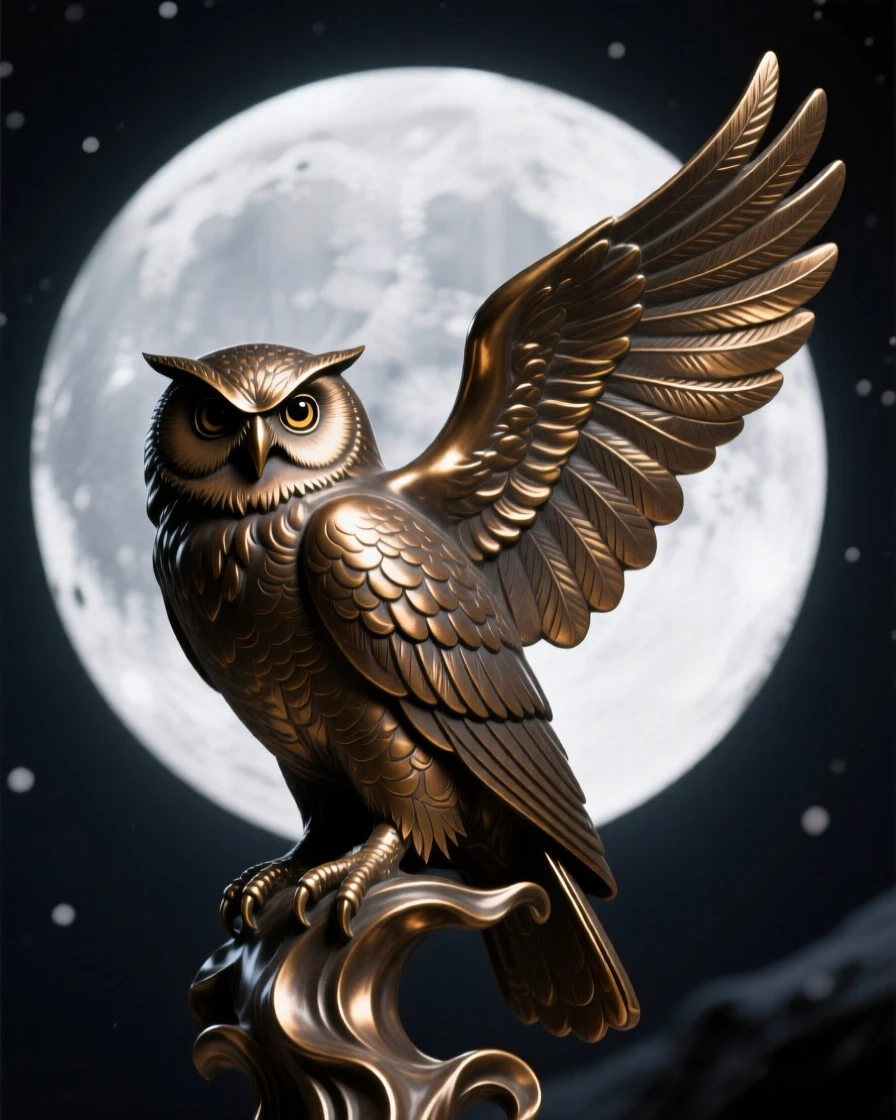 A snowy owl silhouetted against a full winter moon, rendered with rich, dynamic energy, evoking wonder and majesty
