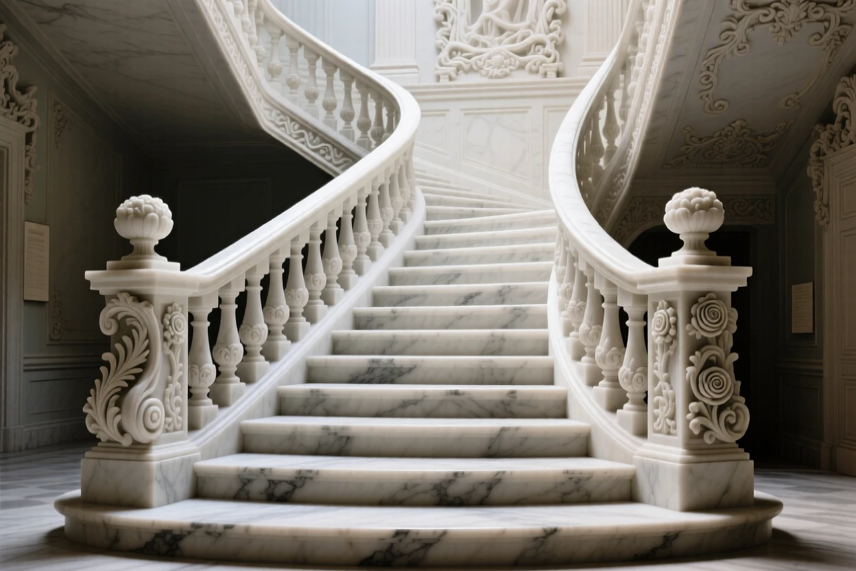 A striking, atmospheric depiction of an ornate palace staircase, showcasing timeless elegance and grandeur