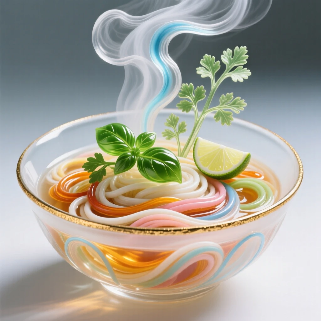A steaming bowl of pho garnished with herbs and lime, comforting and aromatic.