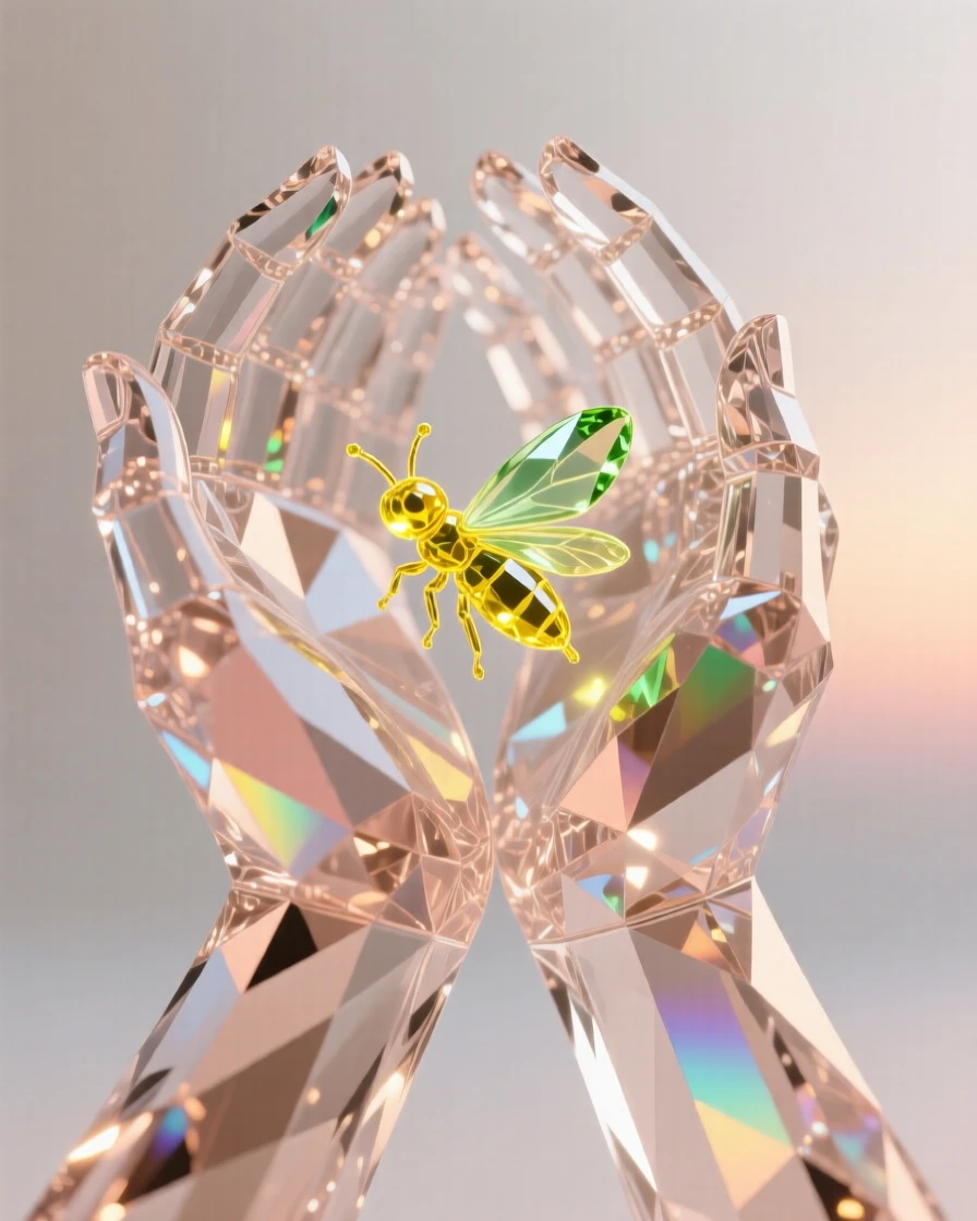 A pair of hands cupped together holding a small glowing firefly at dusk.