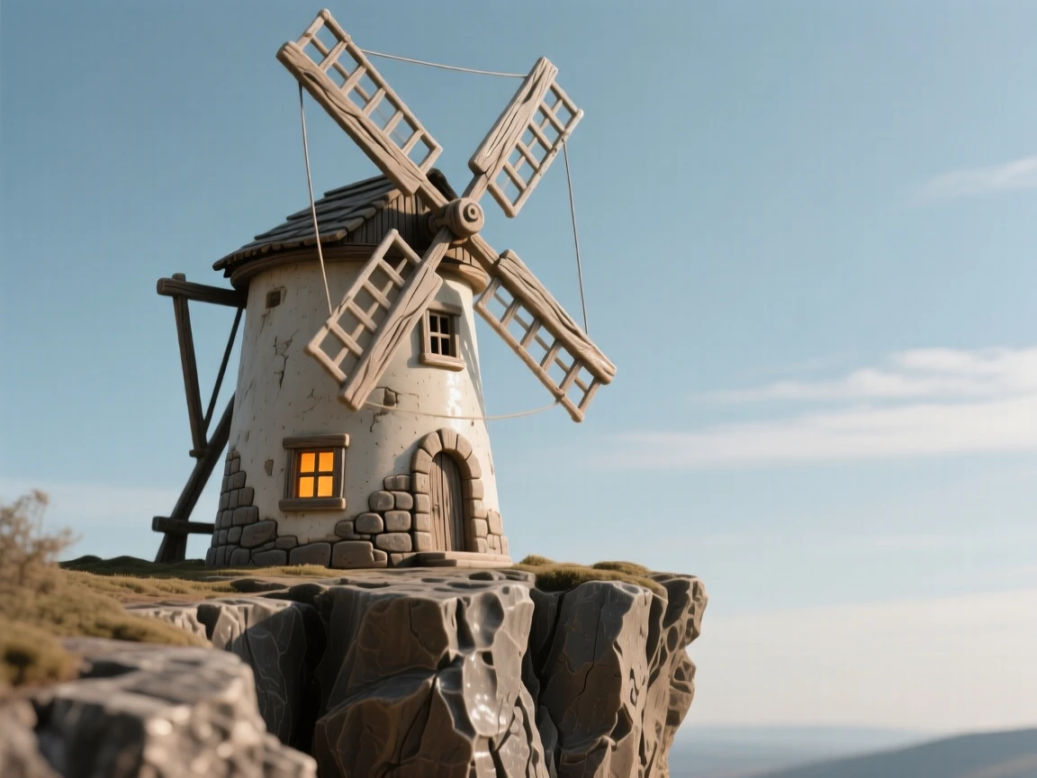 A rustic windmill turning against the sky perched dramatically at the edge of a cliff, its windows glowing warmly from within, stirring a sense of history and enduring beauty.