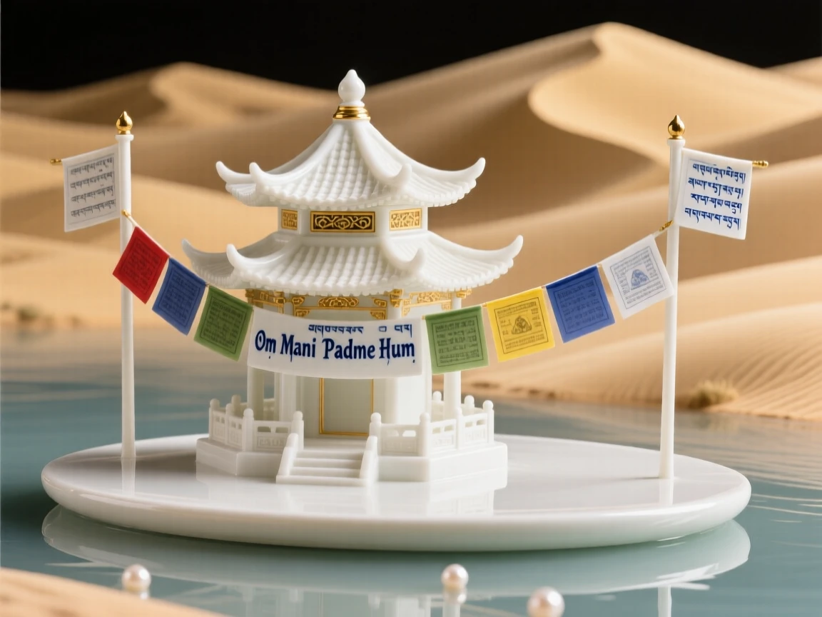 A serene lakeside pagoda nestled in golden desert dunes, prayer flags fluttering gently in the breeze.