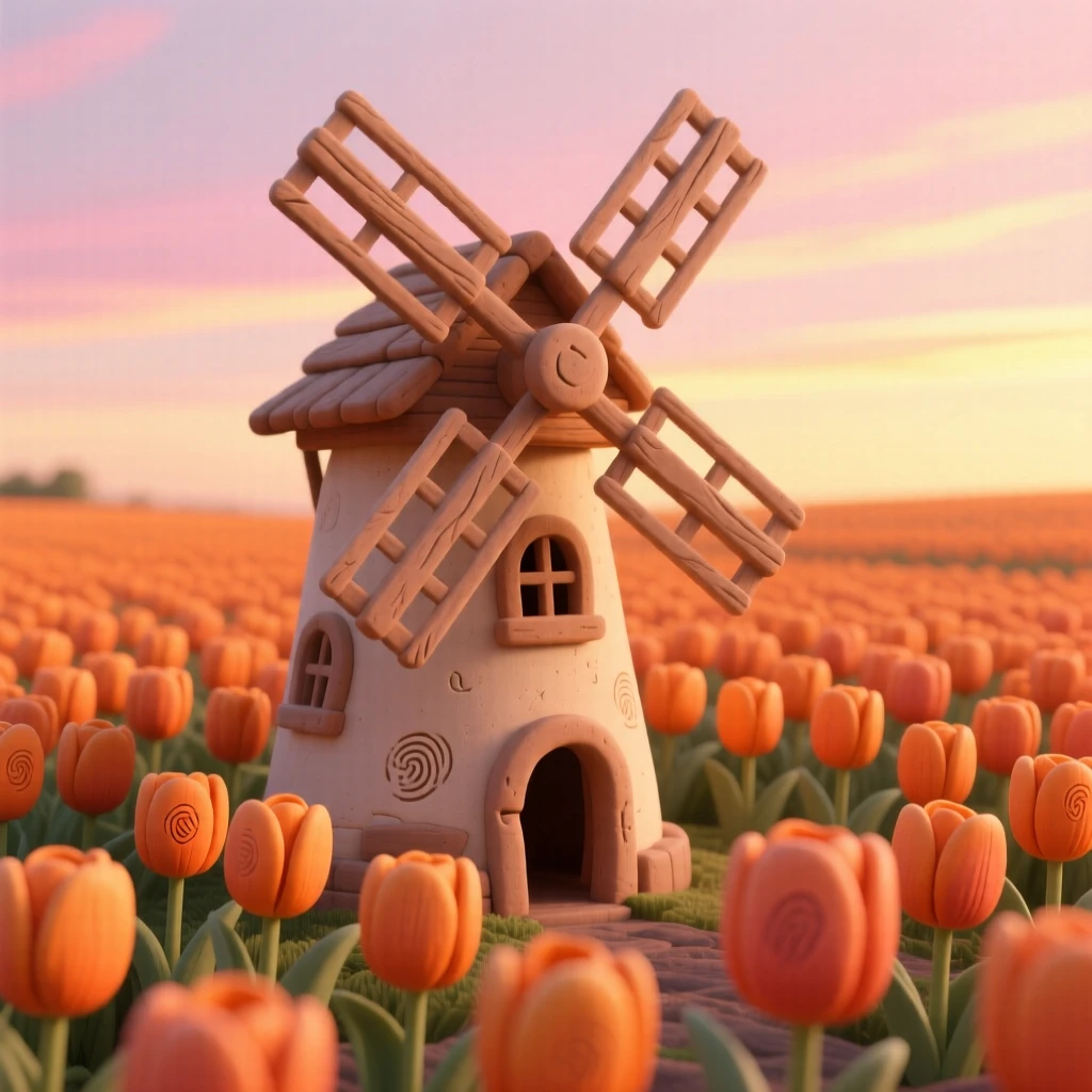 A windmill turning slowly against a backdrop of orange tulip fields
