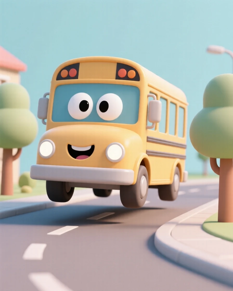 A cheerful school bus with round headlight eyes bounces happily down a tree-lined neighborhood street.