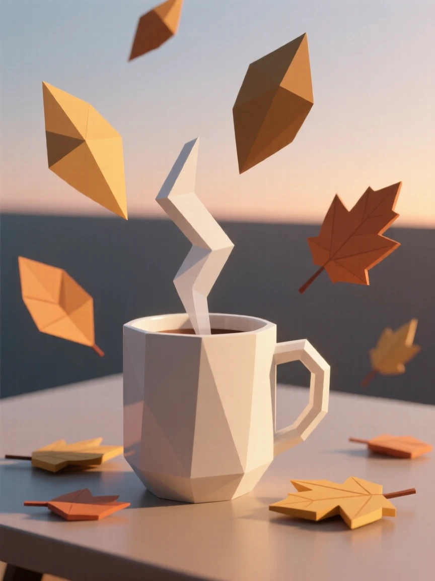 A cozy autumn scene with a steaming mug and falling leaves, as the last light of evening fades. soft light and gentle shadows add depth to the scene. The scene feels warm and celebratory.