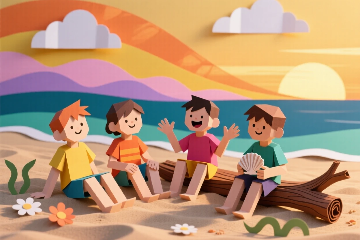 A group of childhood friends relaxing on a sandy beach at dusk, with warm golden light wrapping around them, capturing the simple beauty of everyday moments.