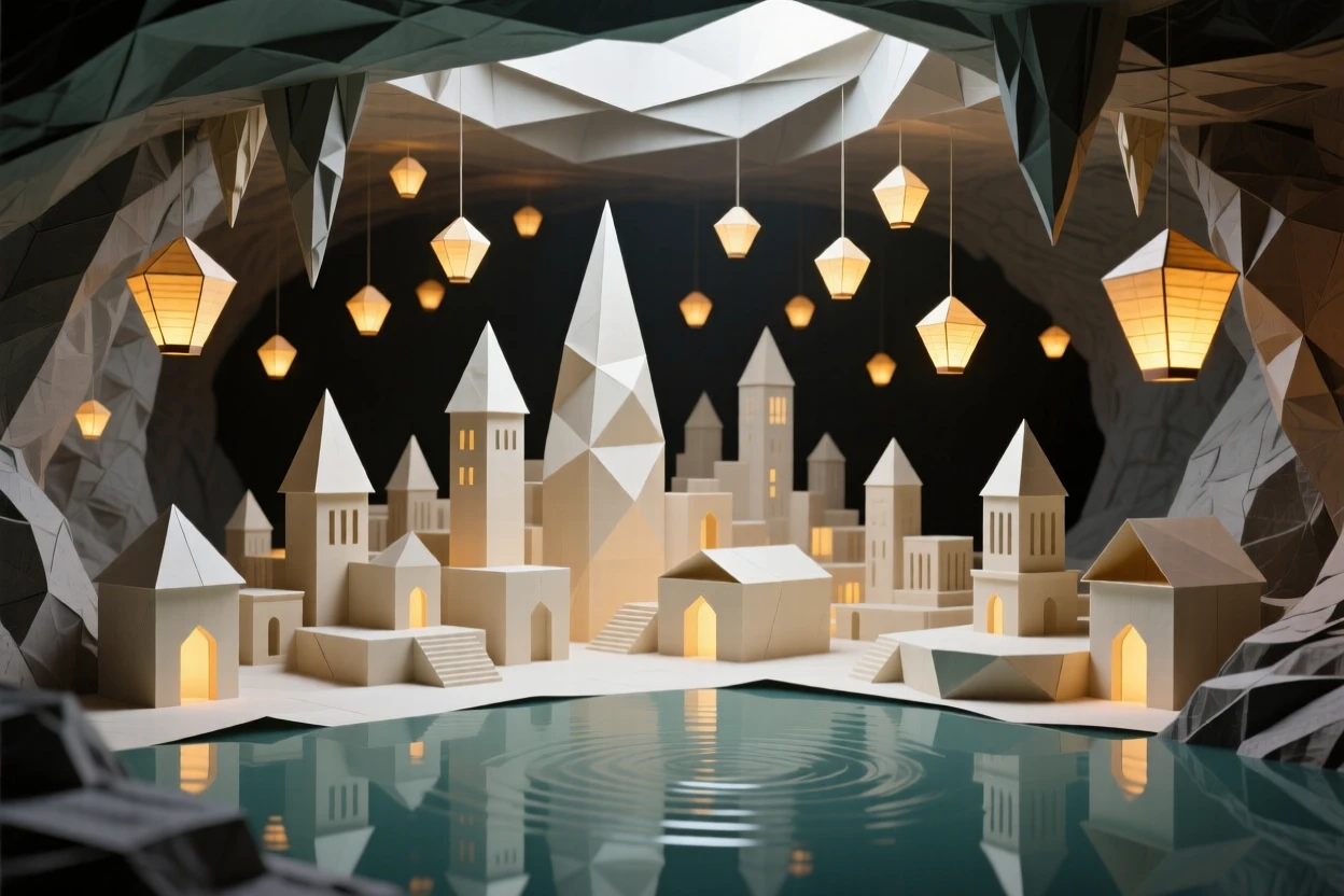 A underground cavern city lit by thousands of floating lanterns reflected in a still lake.