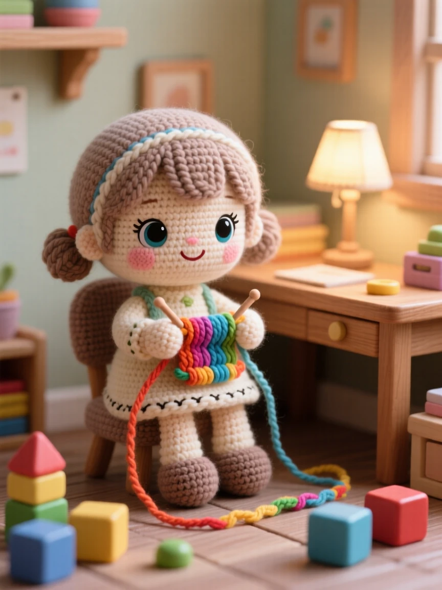 a little girl making a friendship bracelet, with colorful threads in hand, is shown weaving a careful pattern within a small home office corner with a cozy lamp beside a scattering of colorful toy blocks, capturing tender, unspoken affection.