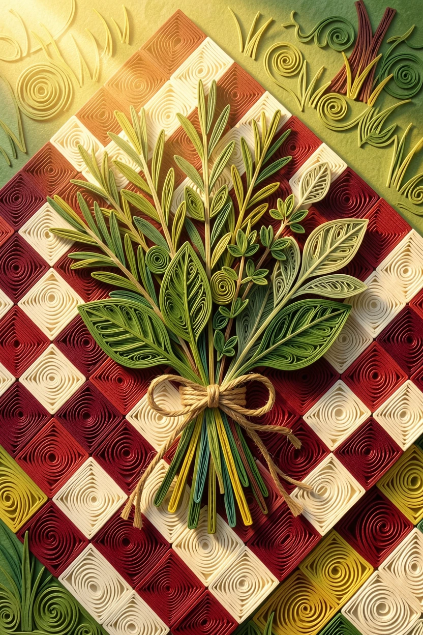 A cozy still life of a bouquet of kitchen herbs tied with twine on a checkered picnic blanket in a park, with soft golden light highlighting every texture, arranged in an appetizing overhead flat-lay composition.