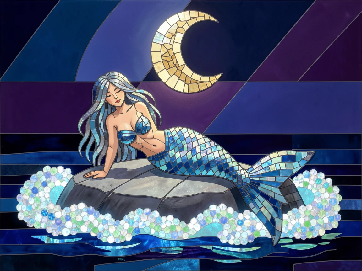 A mermaid resting on a moonlit rock surrounded by glowing sea foam, rendered with dramatic magical lighting and rich atmospheric detail.