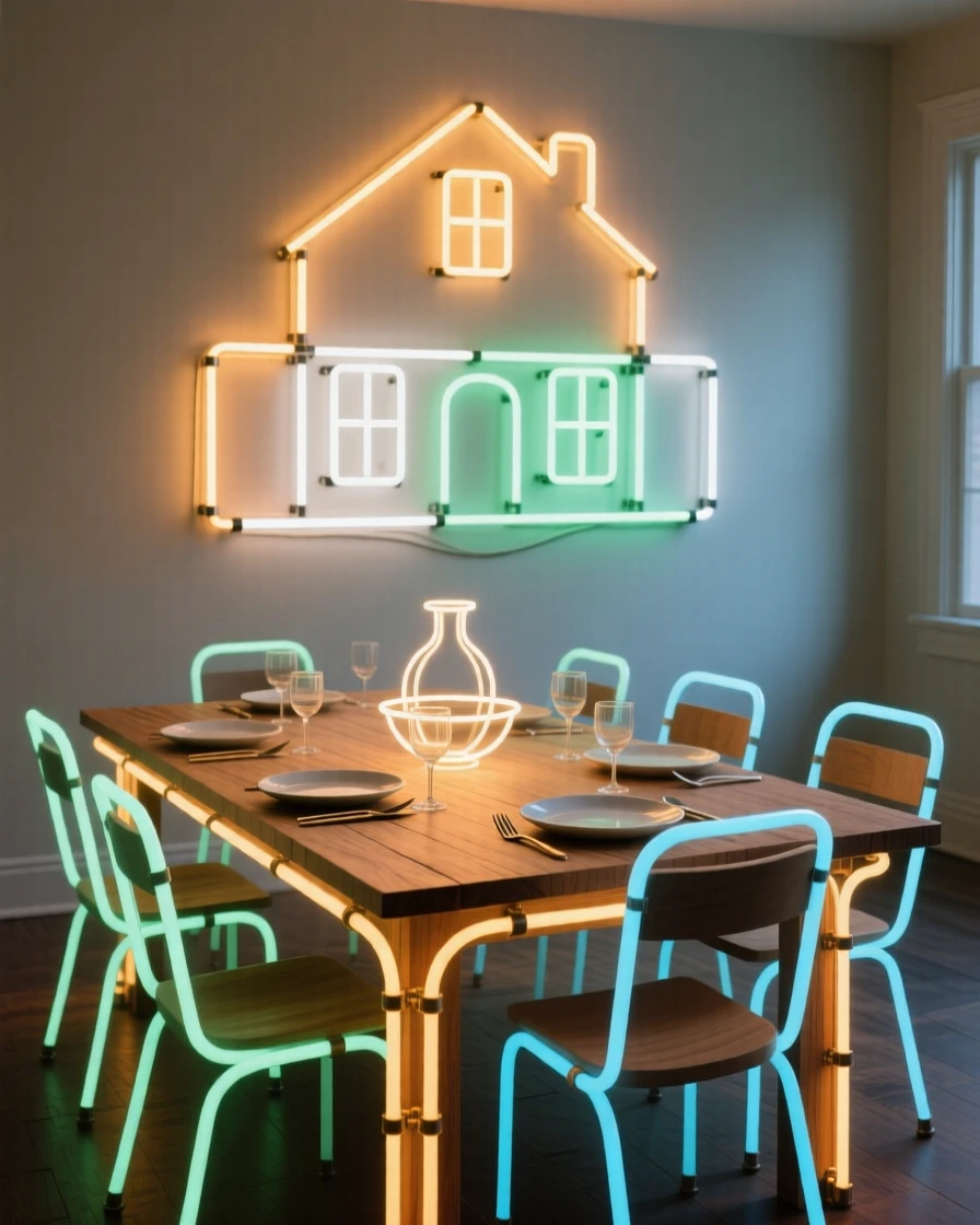 A farmhouse dining room with a long wooden table set for a gathering.
