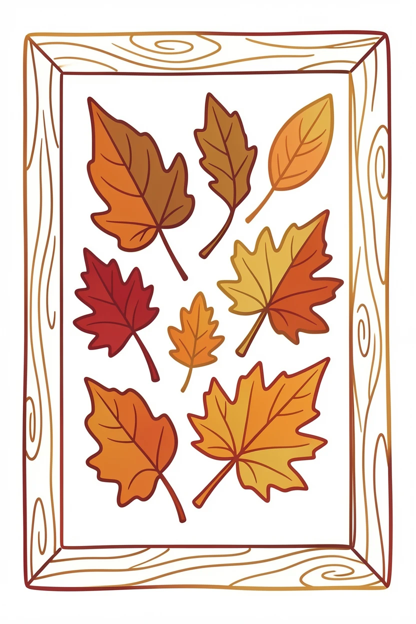 A collection of pressed autumn leaves arranged in a wooden frame.