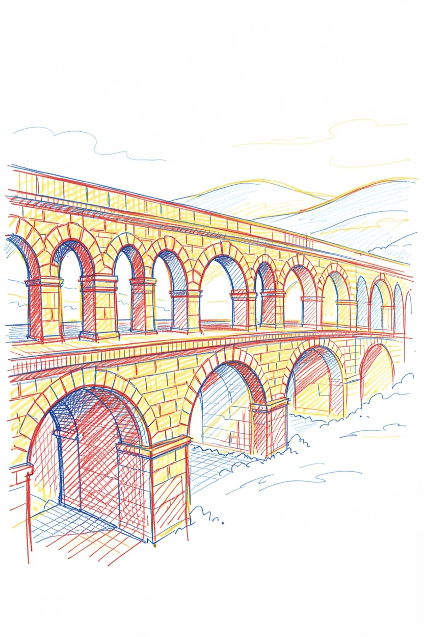 A grand ancient aqueduct bridge glowing at golden hour