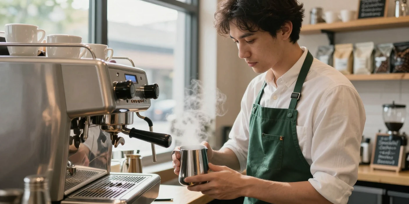A barista steaming milk for a cappuccino